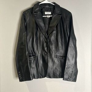 Covington woman's black leather jacket biker business casual‎